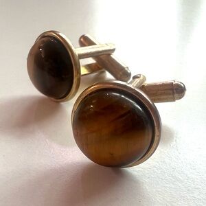Gold-Tone Tiger Eye Round Cufflinks for Men